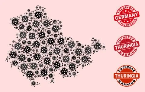 Covid Lockdown Collage of Mosaic Thuringia Land Map and Scratched Stamps Illustrazione stock