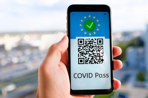 Covid pass with QR code on the screen in smartphone in mans hand on the Stock Photos
