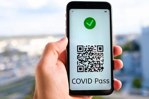 Covid pass with QR code on the screen in smartphone in mans hand on the Stock Photos
