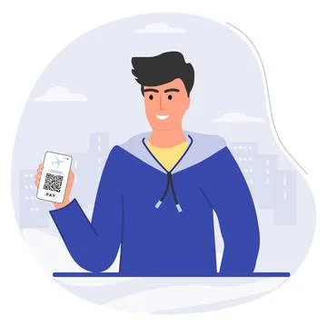 Covid People Scan QR code Cashless Payment Digital Stock Illustration