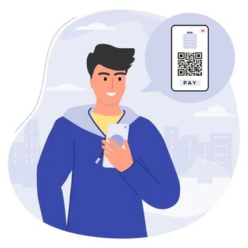 Covid People Scan QR code Cashless Payment Digital Stock Illustration