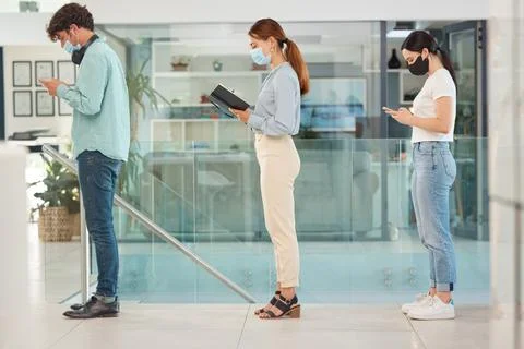 Covid, screening and queue with people waiting in line to enter an office for Stock Photos