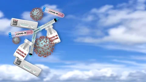 Covid vaccine, injection testing kit jumping on blur cloud background Stock Footage 229537649