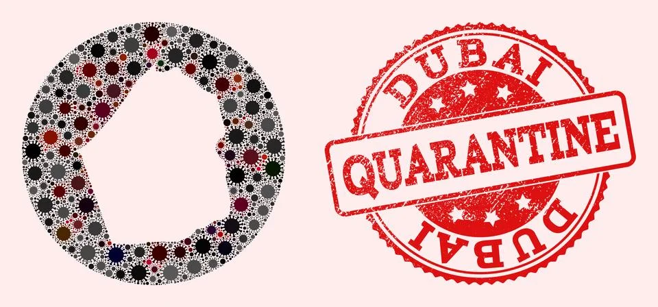 Covid Virus Stencil Circle Map of Dubai Emirate Mosaic and Scratched Seal Stock Illustration