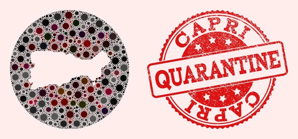 Covid Virus Stencil Circle Map of Capri Island Mosaic and Grunge Stamp Stock Illustration