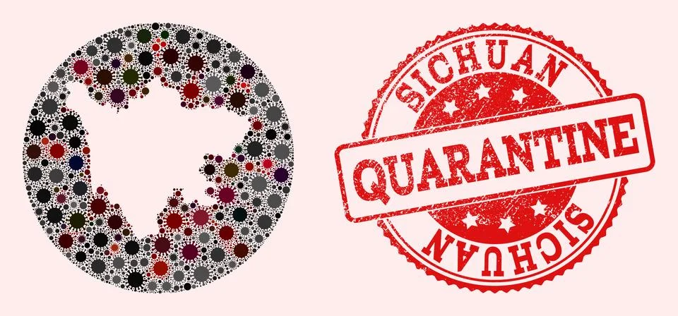 Covid Virus Stencil Circle Map of Sichuan Province Mosaic and Grunge Stamp 스톡 일러스트