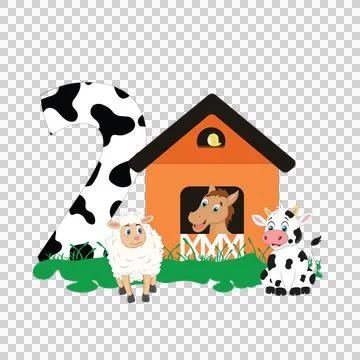 Cow 2 Number Two With Farmhouse Scene standing house sheep Stock Illustration