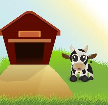 Cow and barn Stock Illustration