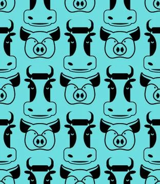 Cow and pig seamless pattern. head of boar and bull ornament. Pork and beef t Stock Illustration