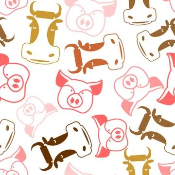 Cow and pig seamless pattern. head of boar and bull ornament. Pork and beef t Stock Illustration