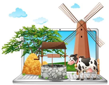 Cow and well on computer screen Stock Illustration