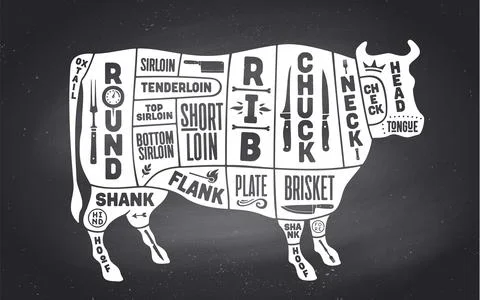Cow, beef. Scheme, diagram, chart pork, butcher guide Stock Illustration
