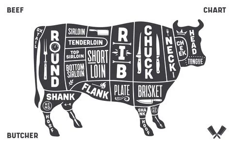 Cow, beef. Scheme, diagram, chart pork, butcher guide Stock Illustration