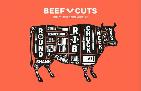 Cow, beef. Scheme, diagram, chart pork, butcher guide Stock Illustration