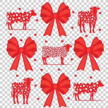 Cow Bow Red Cows With Hearts And Bows pattern white plain Stock-Illustration