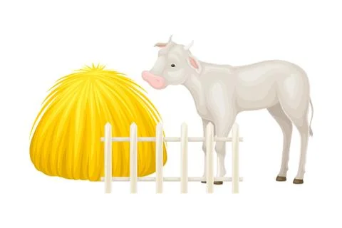 Cow Calf Grazing on Pasture with Haystack Vector Illustration Stock Illustration