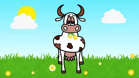 Cow chews grass in a meadow. Blue sky with sun and clouds. Stock Footage 156174035