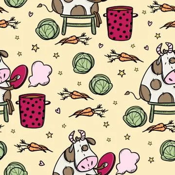 COW IS COOKING BORSCH Seamless Pattern Vector Illustration Stock Illustration