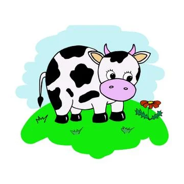Cow. Cute cow in the meadow. Character in cartoon style. Bright drawing isolated Stock Illustration