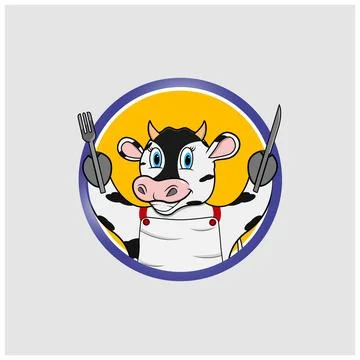 Cow Head Circle Label With Bring Fork and Knife Stock Illustration