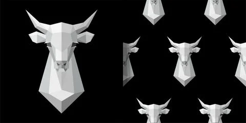Cow Head Polygonal White Model and seamless pattern set Stock Illustration