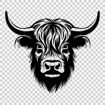 Cow Highland Head Front View Silhouette horns black white Illustration
