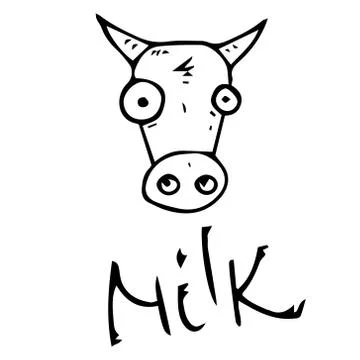 Cow icon. Vector illustration of a cow face and the inscription "milk". Hand  Stock Illustration