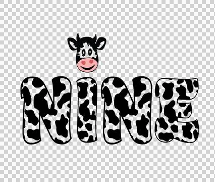 Cow Nine Word With Print Pattern display head black white Stock Illustration