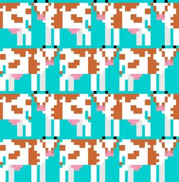 Cow pixel art pattern seamless. 8 bit farm animal backgroundn. vector ornamen Stock Illustration