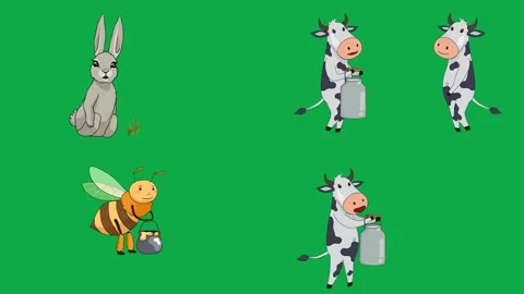 Cow Rabbit Bee Milk 2d animated cartoon character on green screen High quality Vidéo 334703468