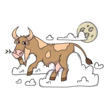 Cow resting on the clouds and looking at the moon. Relax and dreaming. Stock Illustration