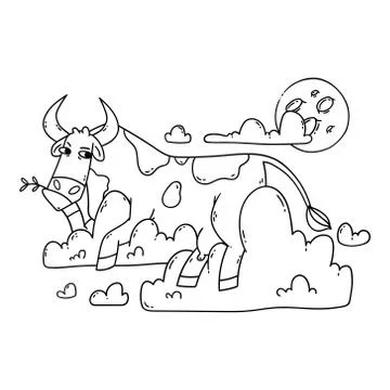 Cow resting on the clouds and looking at the moon. Relax and dreaming. Stock Illustration