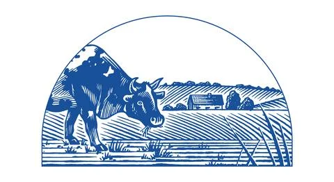 A cow on a Rustic meadow hand drawn village landscape illustration with fields Stock Illustration