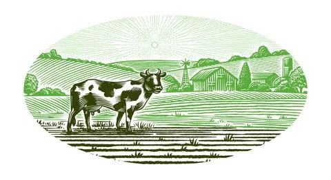 A cow on a Rustic meadow hand drawn village landscape illustration with fields Stock Illustration