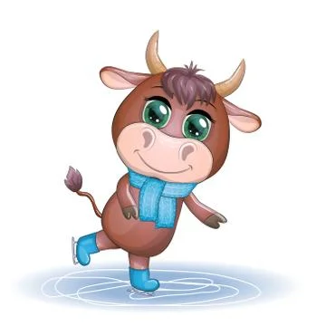 Cow on skates flat vector animal, lovely cow skating, brown cow making winter 스톡 일러스트