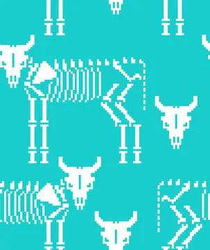 Cow skeleton pixel art pattern seamless. 8 bit Farm animal bones background.  Stock Illustration