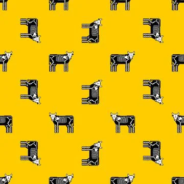 Cow skeleton pixel art pattern seamless. 8 bit Farm animal bones background.  Stock Illustration