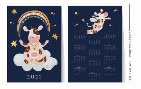 Cow vector 2021 calendar template Stock Illustration