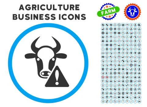 Cow Warning Rounded Icon with Set 库存插图