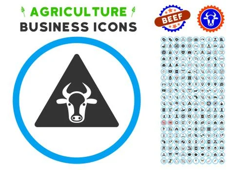 Cow Warning Rounded Icon with Set 库存插图