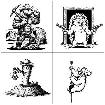 Cowboy Animals Set Bear Prospector Hedgehog Sheriff Sloth Worm Line Art Vecto Stock-Illustration