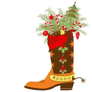 Cowboy boot with christmas elements isolated on white Stock Illustration