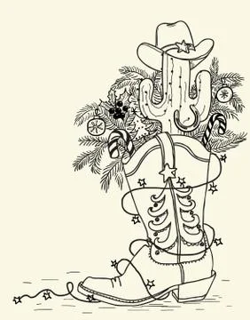 Cowboy boot with Christmas elements isolated on white.Vector hand drawn illus Stock Illustration
