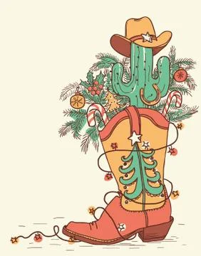 Cowboy boot with Christmas elements isolated on white.Vector hand drawn color Stock Illustration