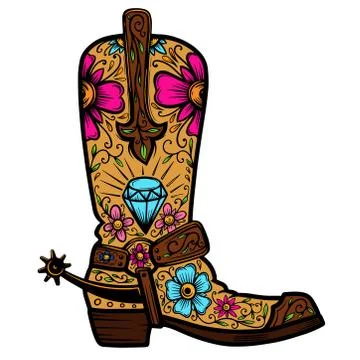 Cowboy boot with floral pattern.  Design element for poster, t shirt, emblem, Illustrazione stock