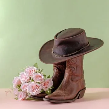 Cowboy boots shoes and hat and bouquet of rose flowers on green background Stock Photos
