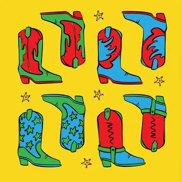 COWBOY BOOTS ON YELLOW Background Vector Illustration Set Stock Illustration