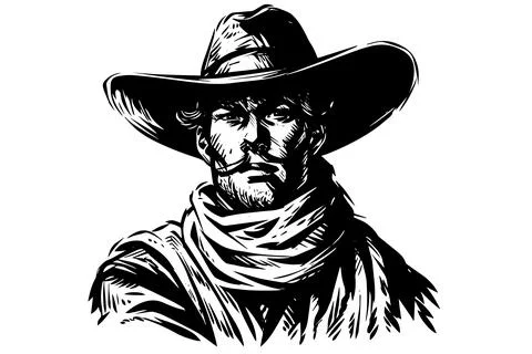 Cowboy bust or head on hat in engraving style. Hand drawn ink sketch. Vector Stock Illustration