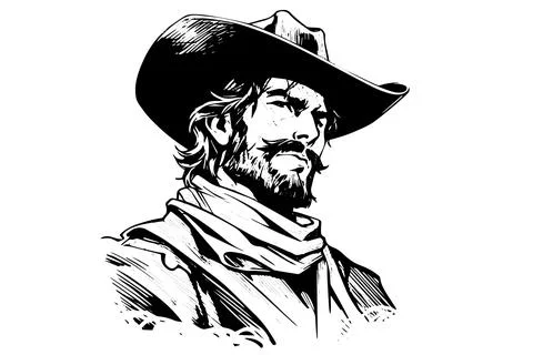 Cowboy bust or head on hat in engraving style. Hand drawn ink sketch. Vector Stock Illustration