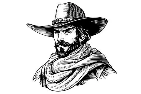 Cowboy bust or head on hat in engraving style. Hand drawn ink sketch. Vector Stock Illustration